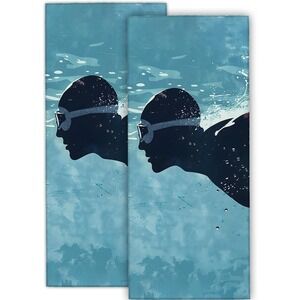 2Pc Blue Swimmer Microfiber‎ Hand Towel Set Graphic Print 28x14.5 Quick Dry